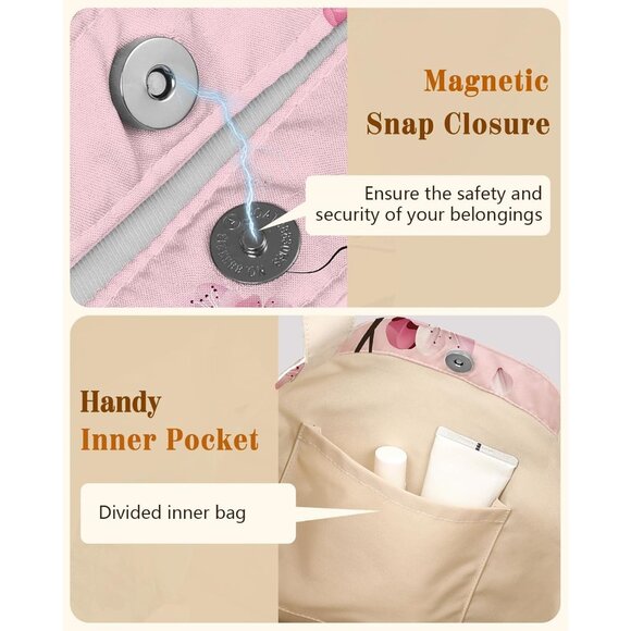 Chic Peach Blossom Cotton Tote Bag - Stylish & Spacious with Pocket & Buckle - Picture 4 of 6